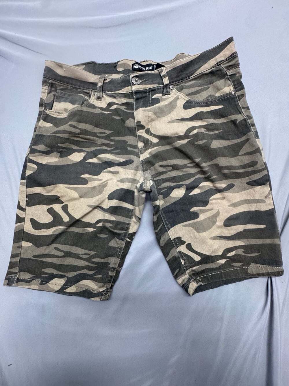 Royal Blue Skinny Fit Shorts Size 34 Green Camo Denim